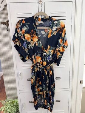 Dress Forum Navy Midi Wrap Dress with Orange Floral Print